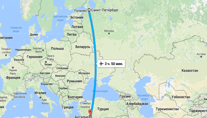 Время полета Санкт-Петербург – Анталия